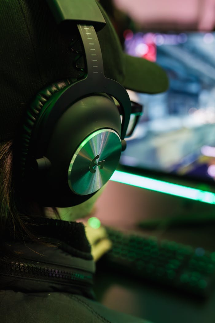 A gamer wearing headphones plays video games on a computer at night, immersed in the virtual world.